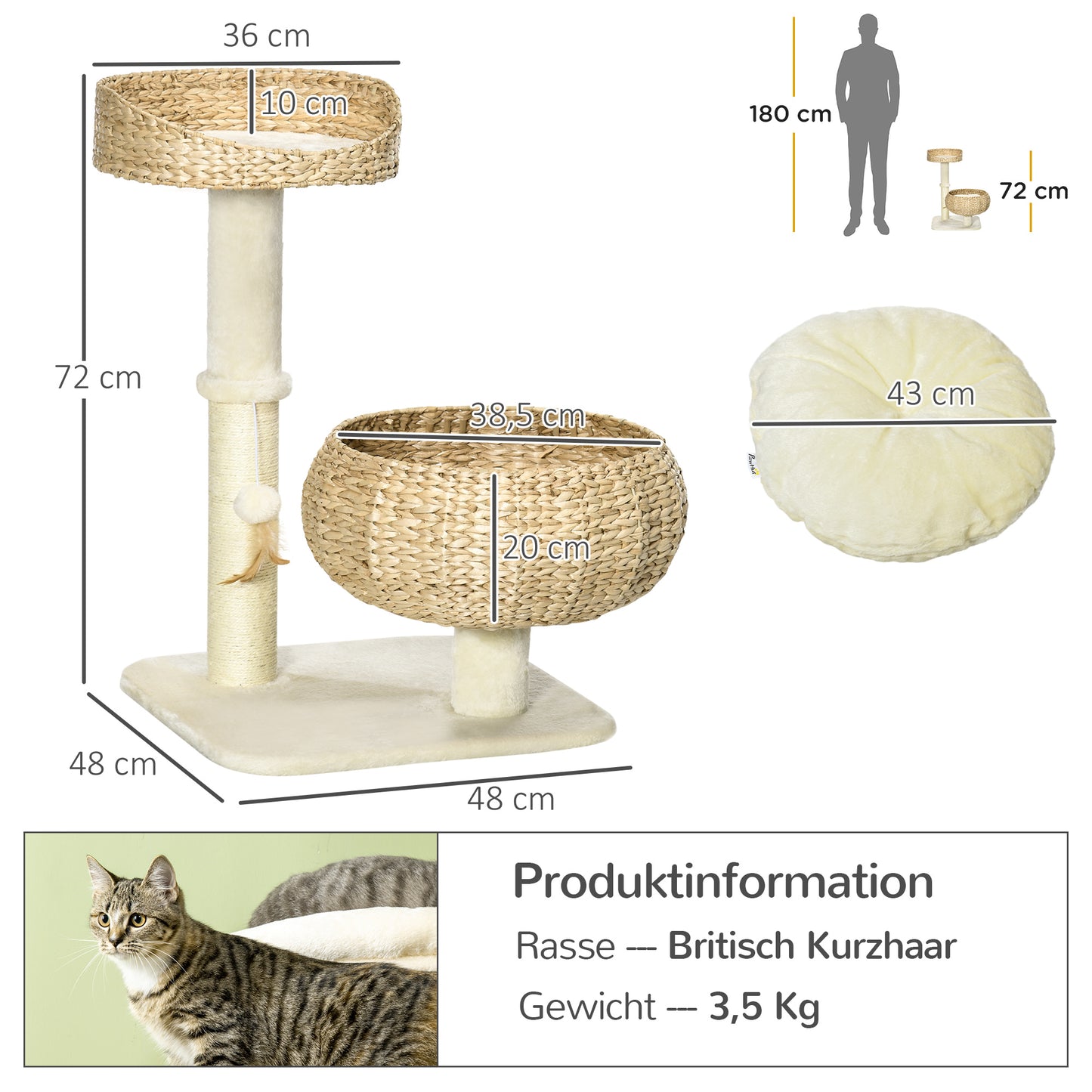 Kratzbaum 72 cm Kletterbaum mit 2 Katzenbetten